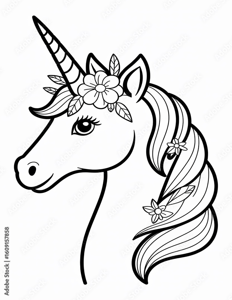 Fototapeta premium A black and white drawing of a unicorn isolated on white background with flowers in its mane
