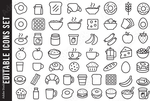 Editable Outline Icon Set of Breakfast Foods and Drinks