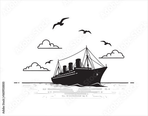 Picture a seascape with a steamship, the sun, and seagulls in the sky. It features both passenger and cargo ships. The focus is on various transport types. A detailed flat line vector icon.