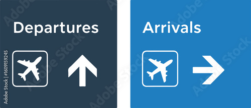 Airport departures and arrivals signs, blue terminal wayfinding icons with airplane symbols and directional arrows, travel navigation EPS vector
