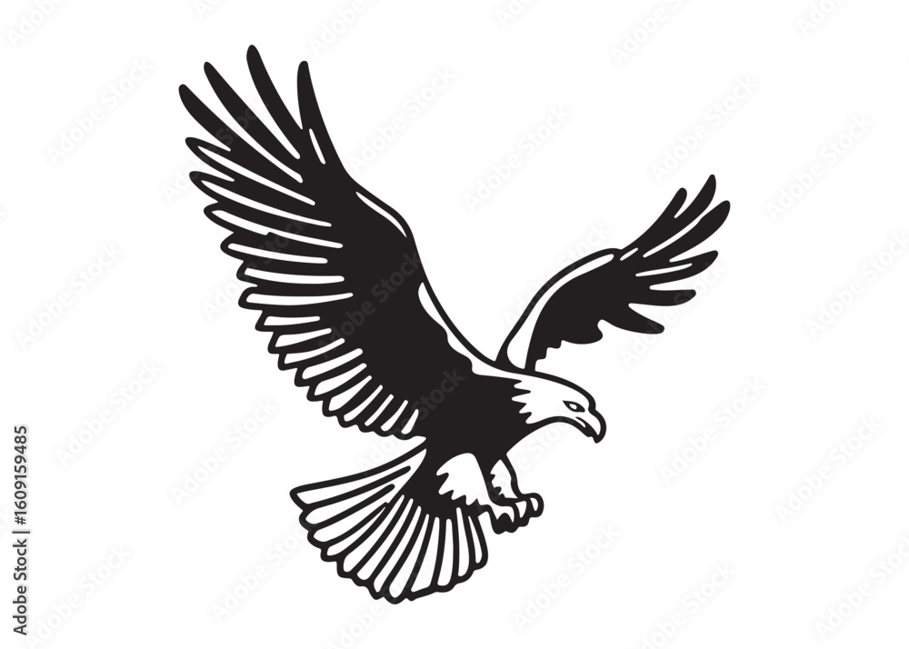Obraz premium Majestic Bald Eagle in Flight: Black and White Silhouette, Powerful, Freedom, Soaring.