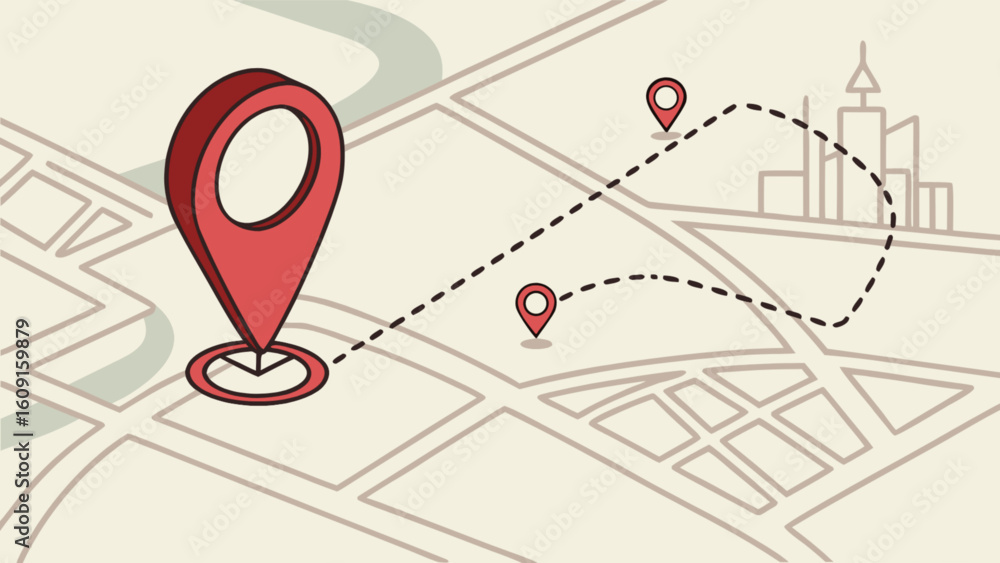 Fototapeta premium Route map with pin markers for navigation and travel planning showing destination and direction guidance system
