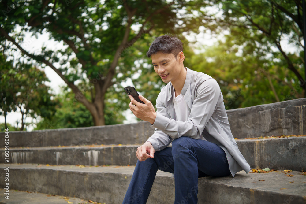 Obraz premium Smiling asian man sitting on outdoor steps, looking at his smartphone with a cheerful expression.