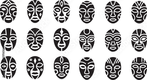Abstract tribal masks with intricate patterns and varied designs icons black