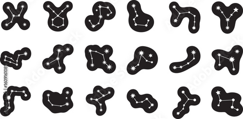 Celestial star patterns forming zodiac constellations on black shapes stars