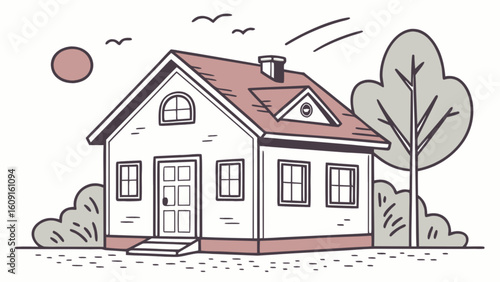 Illustration of a house with trees and sun for real estate property listing and home design inspiration