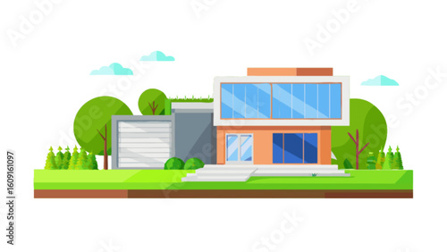 Modern house design architecture home building residential property real estate exterior landscape vector art