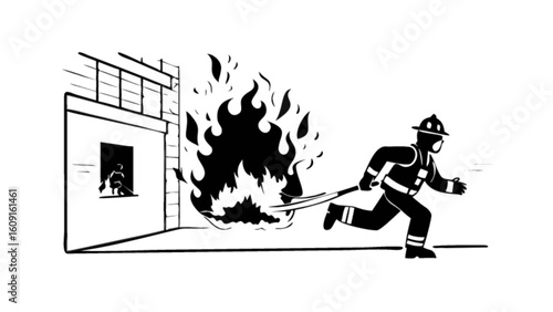 Firefighter running from burning building rescuing people, fire safety emergency response and evacuation plan
