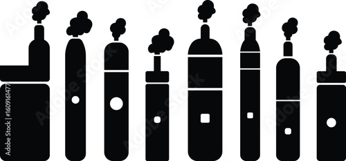 Vape icons set in flat vector styles. Electronic cigarette collection, vaping device group, vaporizer, smoke symbol set, e-cigarette equipment, nicotine, cloud puff illustration design.