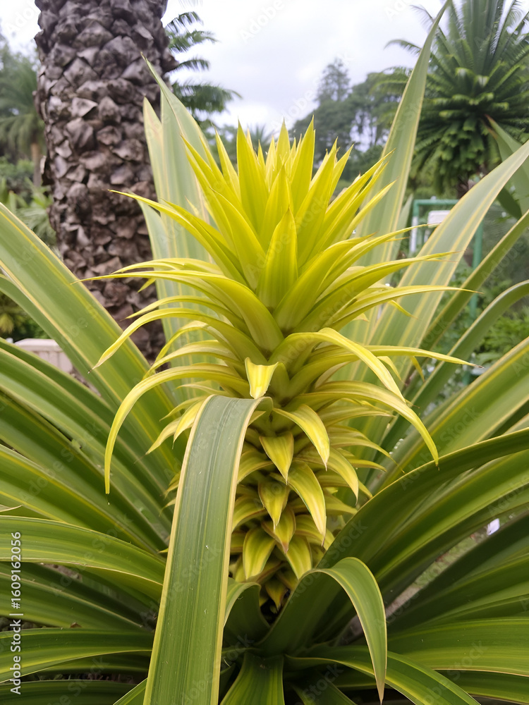 Obraz premium Green and yellow Furcraea foetida mediopicta (Giant Cabuya, Green-aloe or Mauritius-hemp). This is a shrub with leaves similar in appearance to agave.