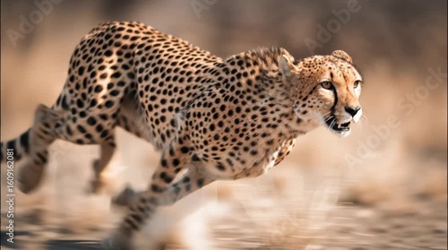 A cheetah sprints at full speed across the golden African savanna. Capturing raw power, grace, and motion—perfect for wildlife documentaries, educational content, and dynamic nature visuals.
