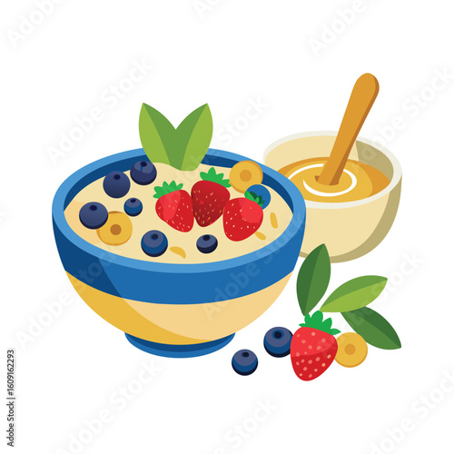 Vibrant bowl of oatmeal topped with fresh strawberries and blueberries, accompanied by a small cup of honey and a spoon