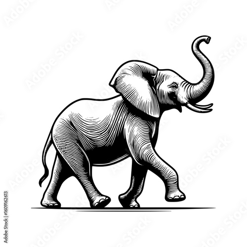 Stylized illustration of a walking elephant with its trunk raised