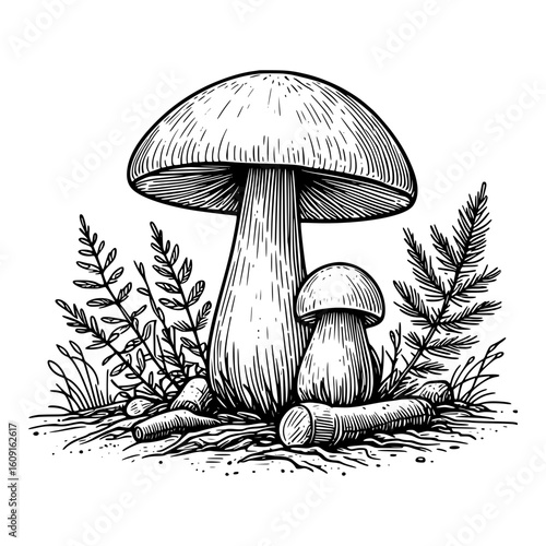 Detailed black and white sketch of two boletus mushrooms with ferns and forest floor elements