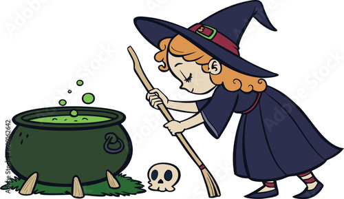 Cute Cartoon Witch Brewing a Potion in a Cauldron