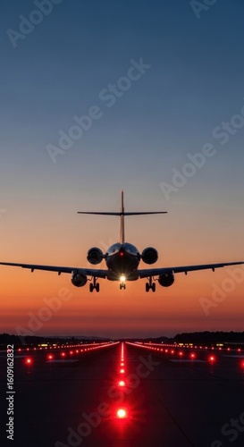 An airplane is landing on a runway at sunset, with the sky painted in vibrant colors and the runway lights guiding the way