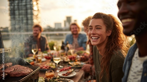 Rooftop barbecue with friends eating and laughing at sunset with city skyline