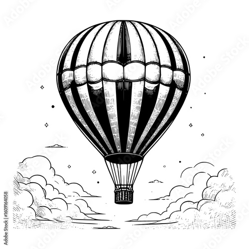 Vintage hot air balloon ascending through clouds in a stylized drawing