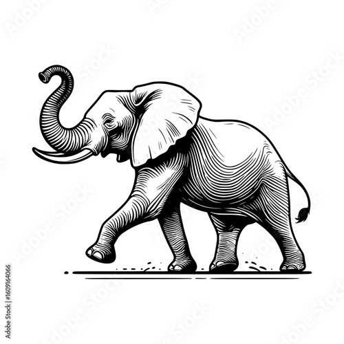 An illustration of a majestic elephant walking with its trunk raised