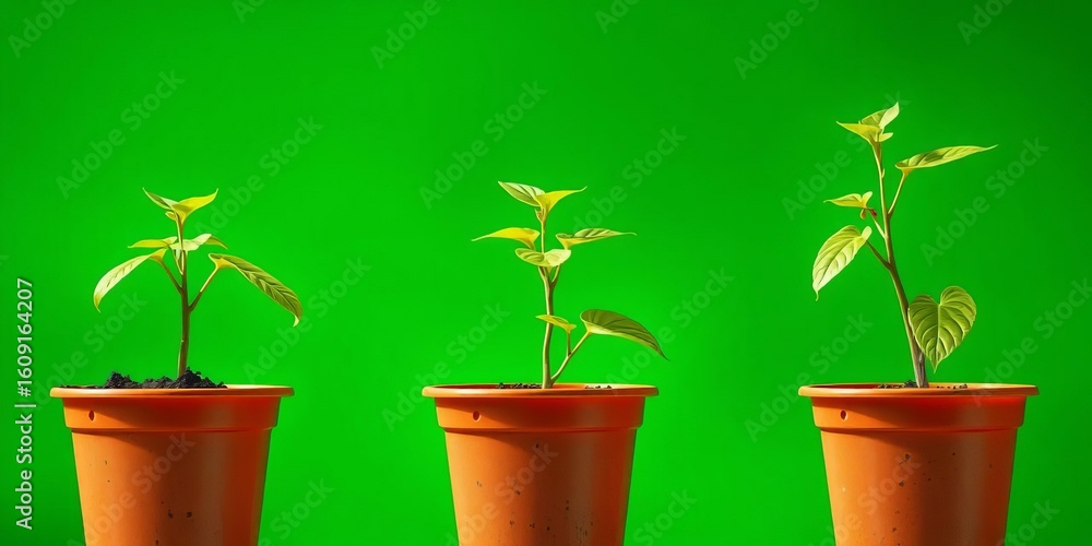 Obraz premium Three potted plants with visible growth stages against a vibrant green background, fresh, environment