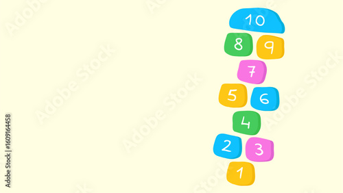 Illustration of a hopscotch layout with numbers 1 to 10 in colorful blocks on a light yellow background