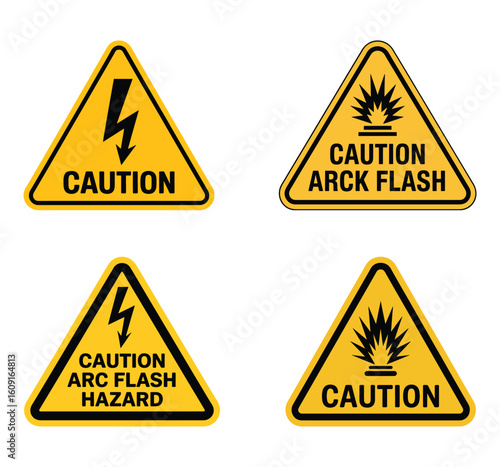 Set of Caution Signs Warning of Electrical Hazards and Arc Flash Risks in Yellow Triangle Shape