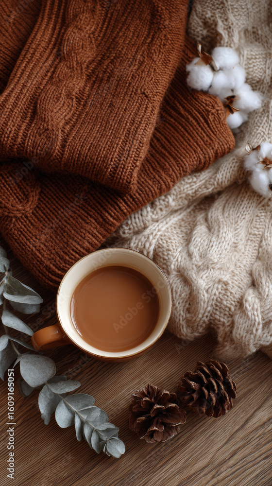 Naklejka premium Cozy autumn scene with warm brown and cream knitted sweaters, cup of coffee, pine cones, and cotton flowers creating