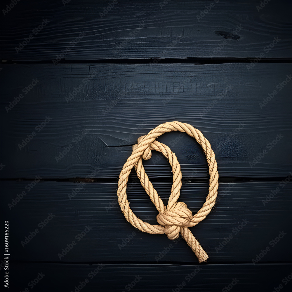Obraz premium Rope noose on black wooden table, top view. Space for text