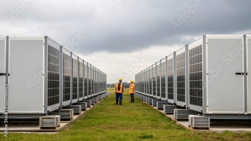 Two workers in safety gear inspect rows of large industrial HVAC units on a grassy field under a cloudy sky.