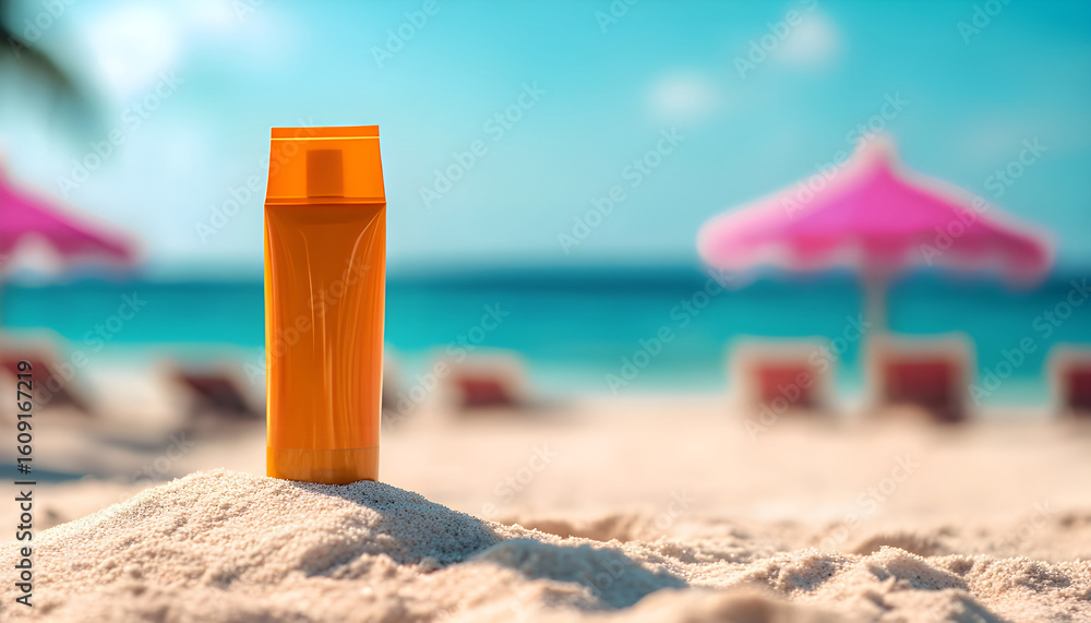 Sunscreen tube mockup on sand beach with parasols blurred background. Protect skin from sun with sunblock lotion at sea resort during vacation, holiday Sunscreen tube mockup on sand beach with parasols blurred background. Protect skin from sun with sunblock lotion at sea resort during vacation, holiday
