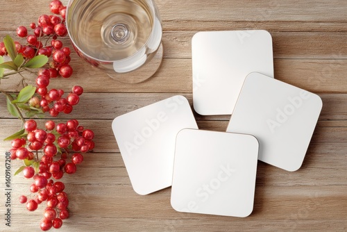 Flat lay mockup of four blank square coasters on rustic wooden table with wineglass and berries, top view product scene in natural studio lighting, ideal for branding and sublimation design