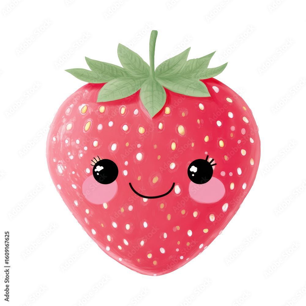 Obraz premium Cute cartoon strawberry with a smiling face and green leaves, ideal for children's decor and illustrations