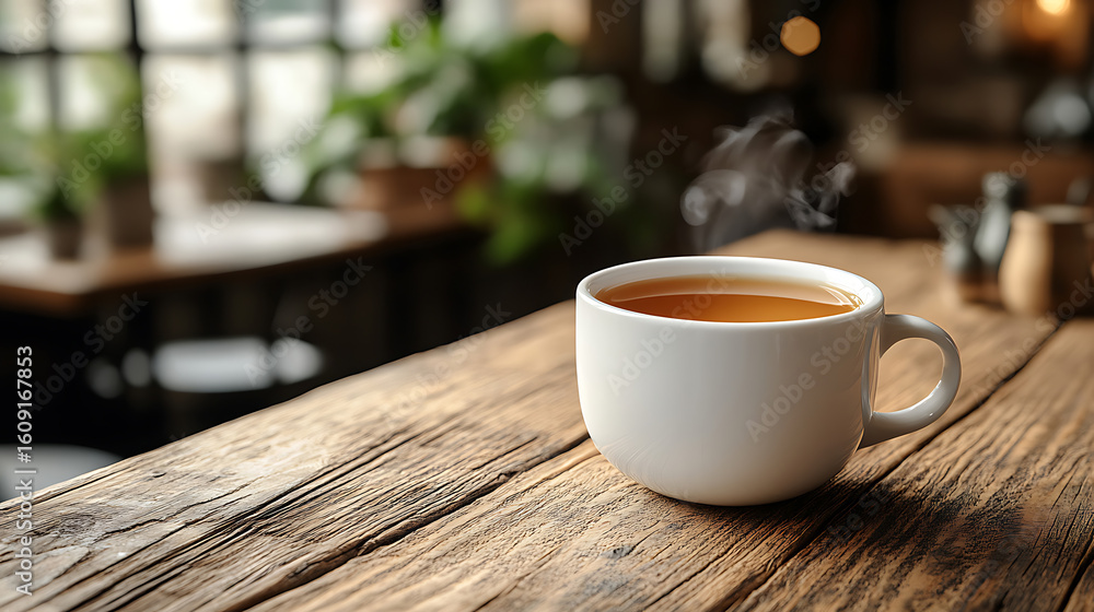 Obraz premium Warm Cup of Tea on Rustic Wooden Table in Cozy Cafe