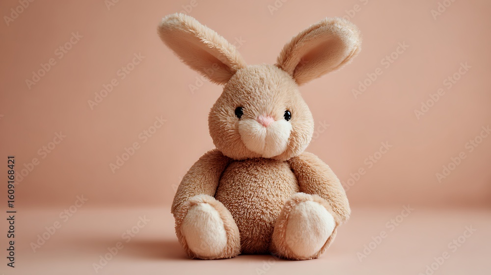Obraz premium Cute brown rabbit doll on light pastel background high quality adorable plush bunny toy for children