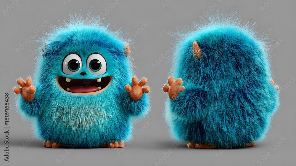 Fototapeta premium Cute blue furry monster in 3D cartoon style with playful expression and round body for character design