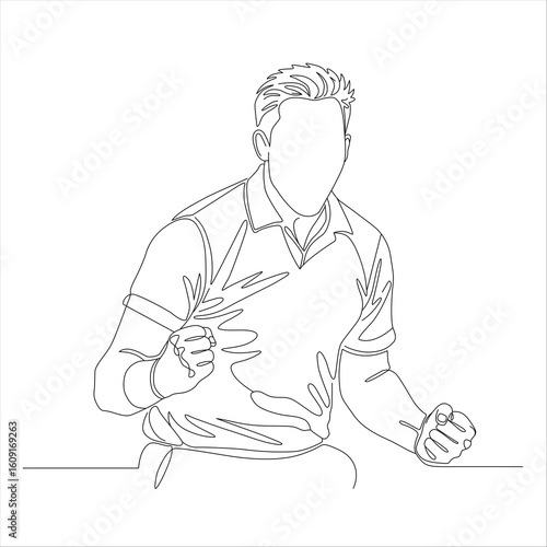 Line art illustration of a cricketer celebrating a wicket with clenched fists and intense energy, capturing the iconic moment of a bowler’s triumph.
