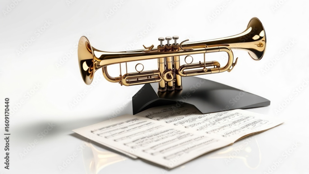 Obraz premium Gold trumpet on stand with sheet music