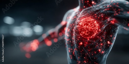 Futuristic human torso with glowing red heart , circulatory network visualized through digital anatomy