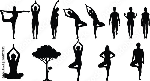 Silhouette yoga poses collection, meditation and exercise scene, tree pose illustration, wellness practice, fitness movement, healthy lifestyle, calm balance concept