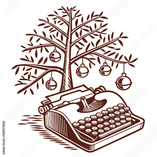 nostalgic vintage typewriter themed christmas tree with old letters, a charming literary display.