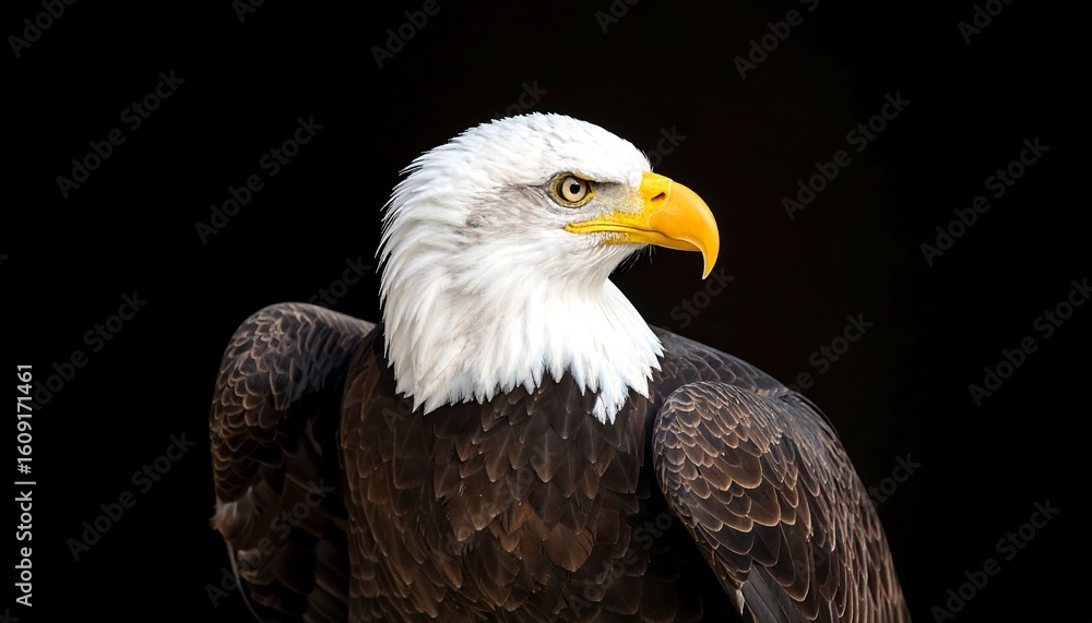 Close-up of an eagle, profile view, against black background. Sharp focus on head and upper body, showcasing plumage details. Yellow beak and piercing eyes Close-up of an eagle, profile view, against black background. Sharp focus on head and upper body, showcasing plumage details. Yellow beak and piercing eyes