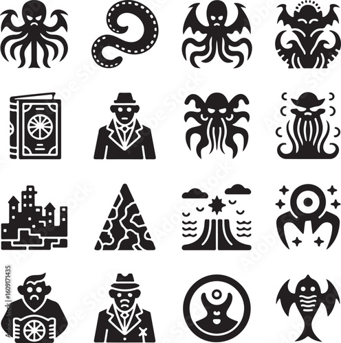 Cthulhu, mythos, icon, set, lovecraft, horror, silhouette, vector, black, isolated, illustration, design, monster, octopus, fantasy