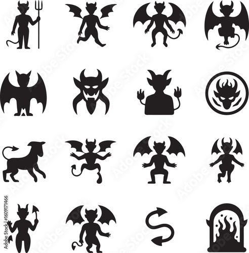 Devil, icon, set, demon, satan, halloween, silhouette, vector, black, isolated, illustration, design, monster, hell, evil, character