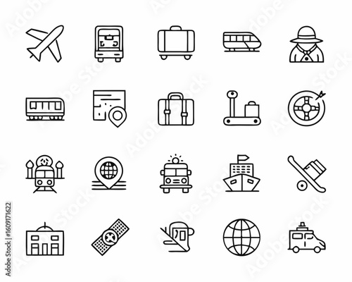 Collection of travel and transportation icons in a clean line art style