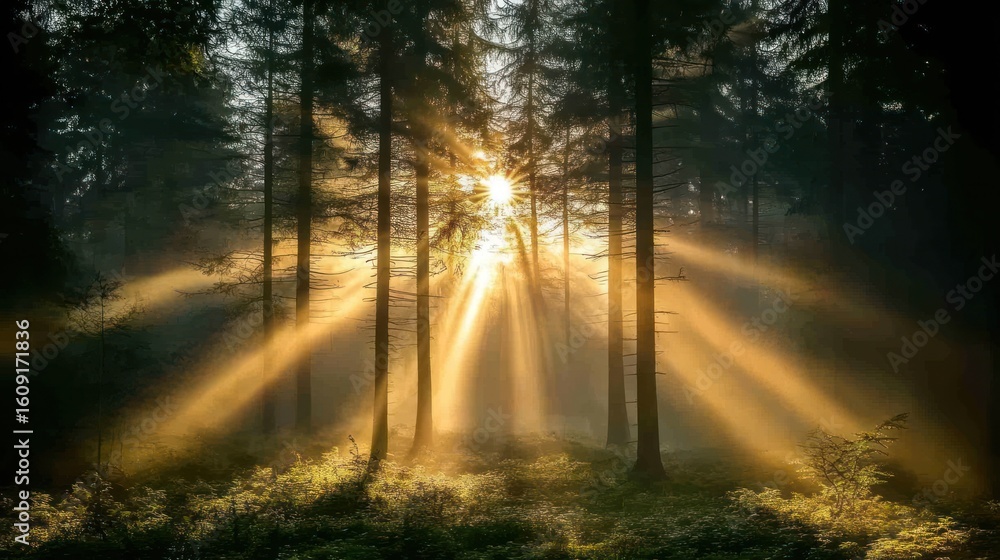 Obraz premium Sunlight streams through misty forest