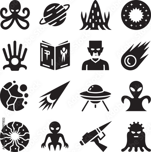 Science, fiction, icon, set, silhouette, alien, space, ufo, monster, vector, black, isolated, illustration, design, fantasy, futuristic