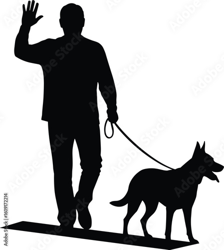 Man walking dog silhouette, waving hand gesture, pet companionship outdoors, black and white vector, human and animal connection, casual moment