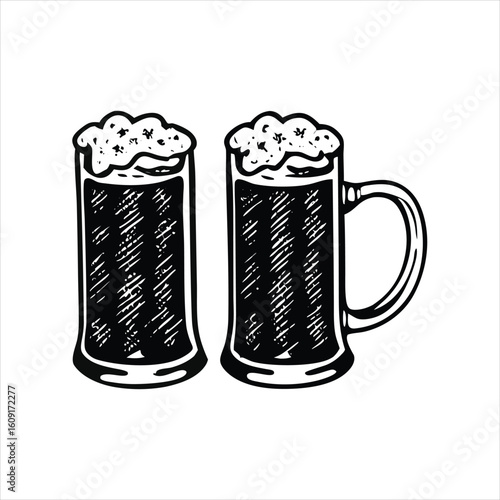 Tall glasses brimming with foamy, dark beer, depicted in a rustic, sketched aesthetic, isolated on a clean white backdrop