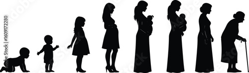 Life stages of a woman, aging, motherhood, childhood, human evolution, growth timeline, silhouette concept, emotional journey, generational transformation