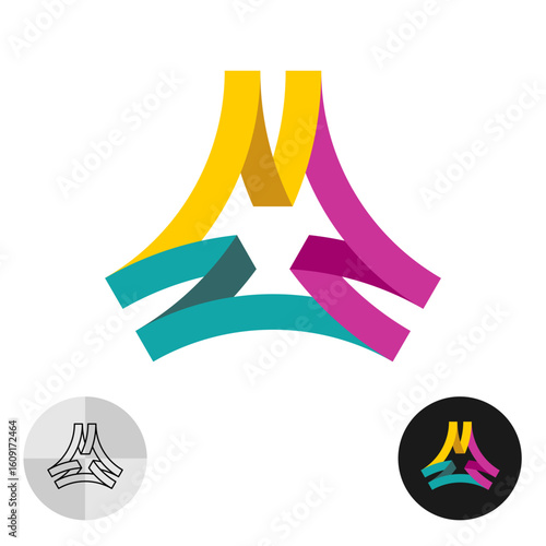 Abstract colorful triangle wide ribbon stylized logo. Bright colors tech 3D infinity illusion loop symbol made of connected stripes